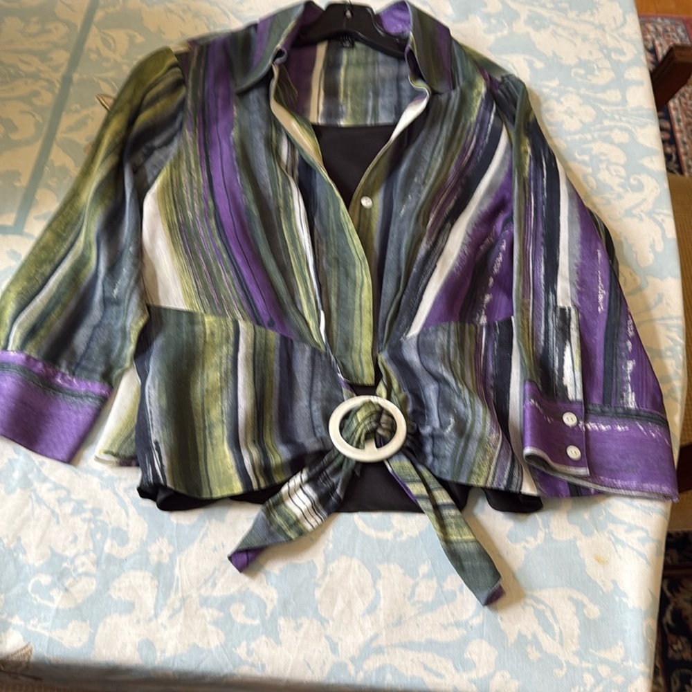 Lafayette 148 NY Purple Green Button Down semi sheer d blouse w black camisole